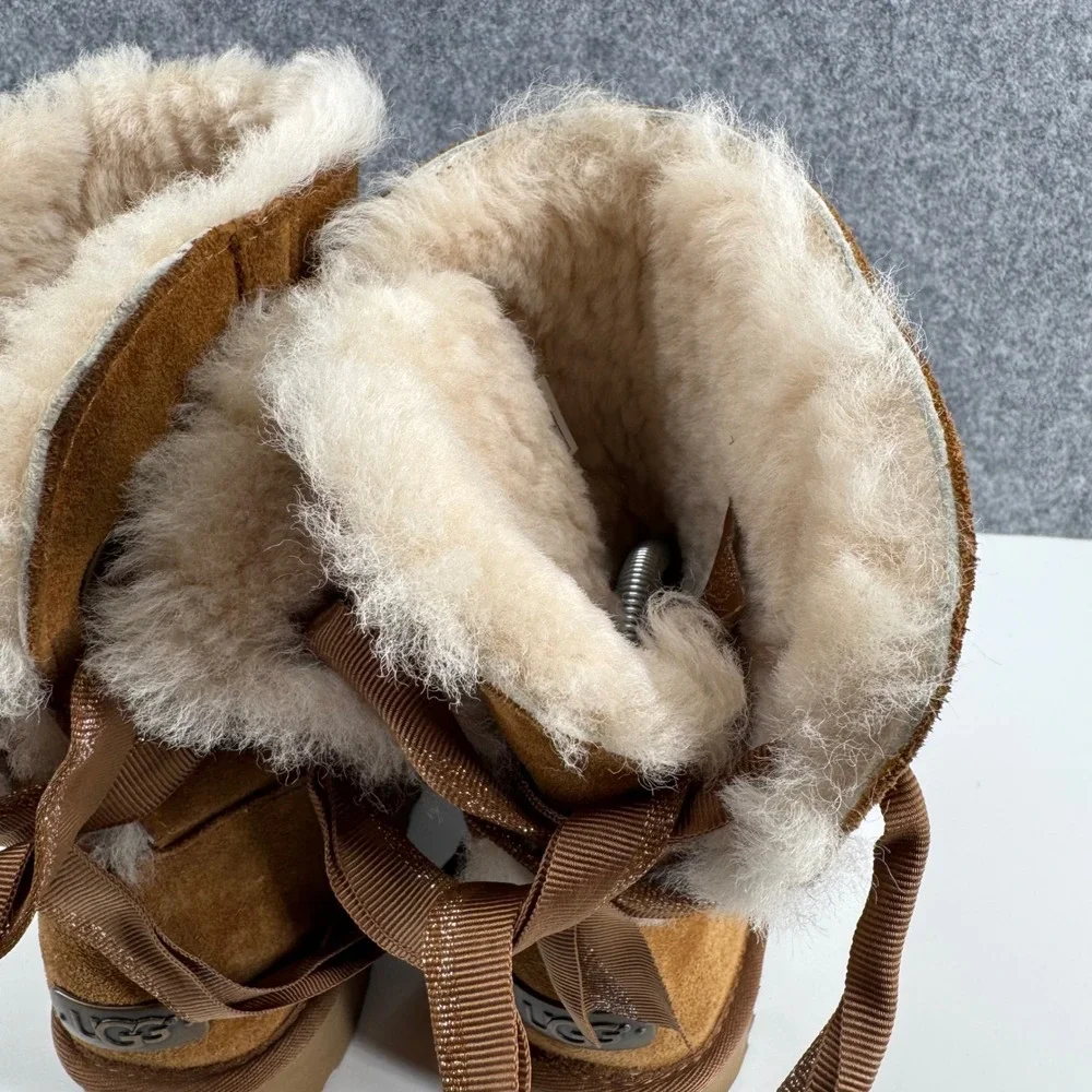 UGG Gita Bow Boot Women 7 Chestnut Suede Sheepskin Lining 1098075